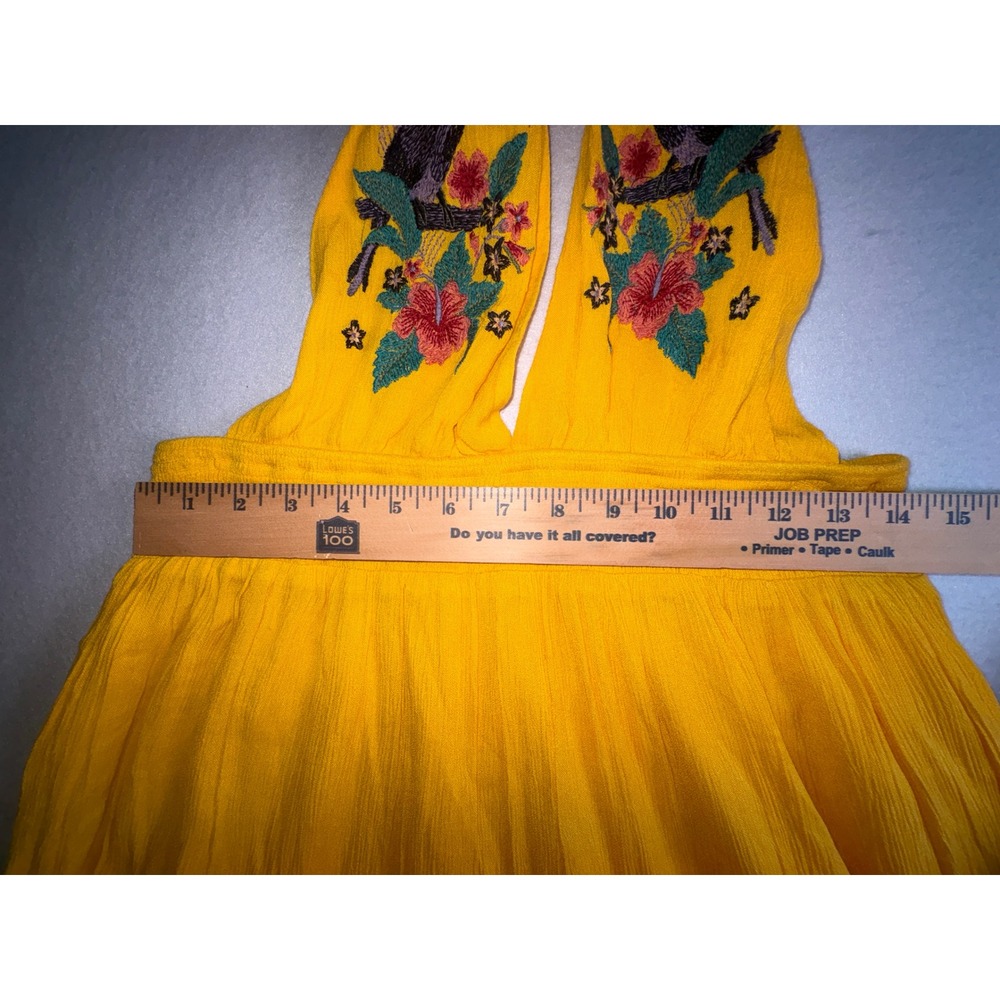 Forever 21 Yellow Embroidered Halter Mini Dress Floral Bird Tassel Large - Picture 9 of 11